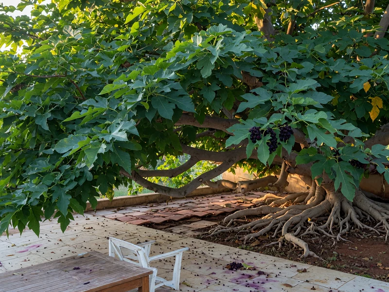 Un mûrier platane aux larges branches et racines apparentes ombrage une terrasse ensoleillée