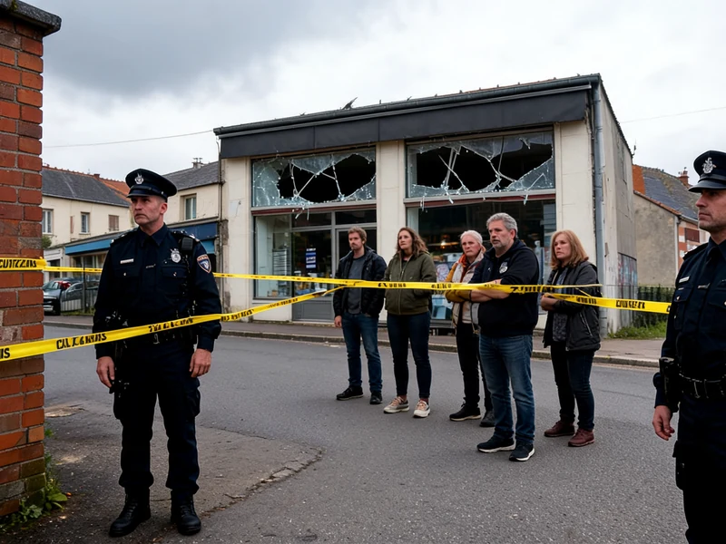 Policiers surveillant les abords d'un fait divers dans le Sud-Ouest près d'un immeuble aux vitres brisées.