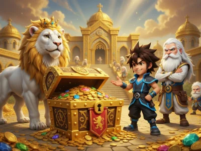 Un lion couronné et des aventuriers entourent un coffre au trésor pour illustrer on ne prête qu'à Richard