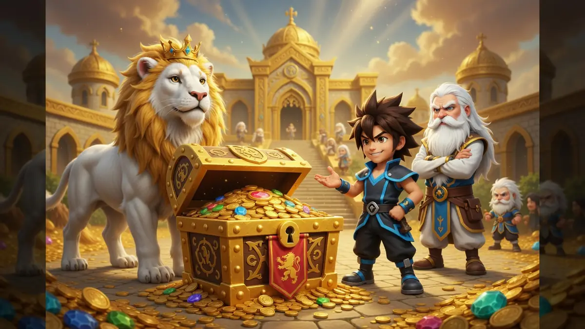 Un lion couronné et des aventuriers entourent un coffre au trésor pour illustrer on ne prête qu'à Richard