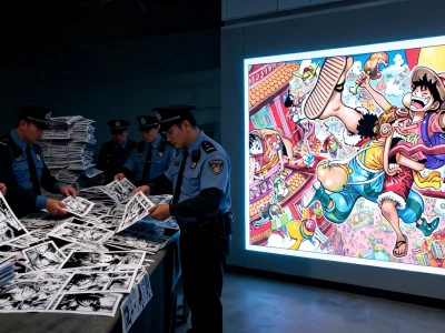 Des policiers examinent des mangas saisis devant une grande illustration One Piece scantrad