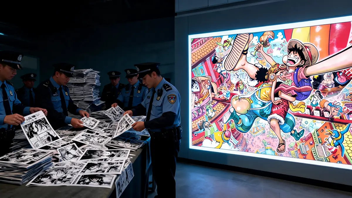 Des policiers examinent des mangas saisis devant une grande illustration One Piece scantrad