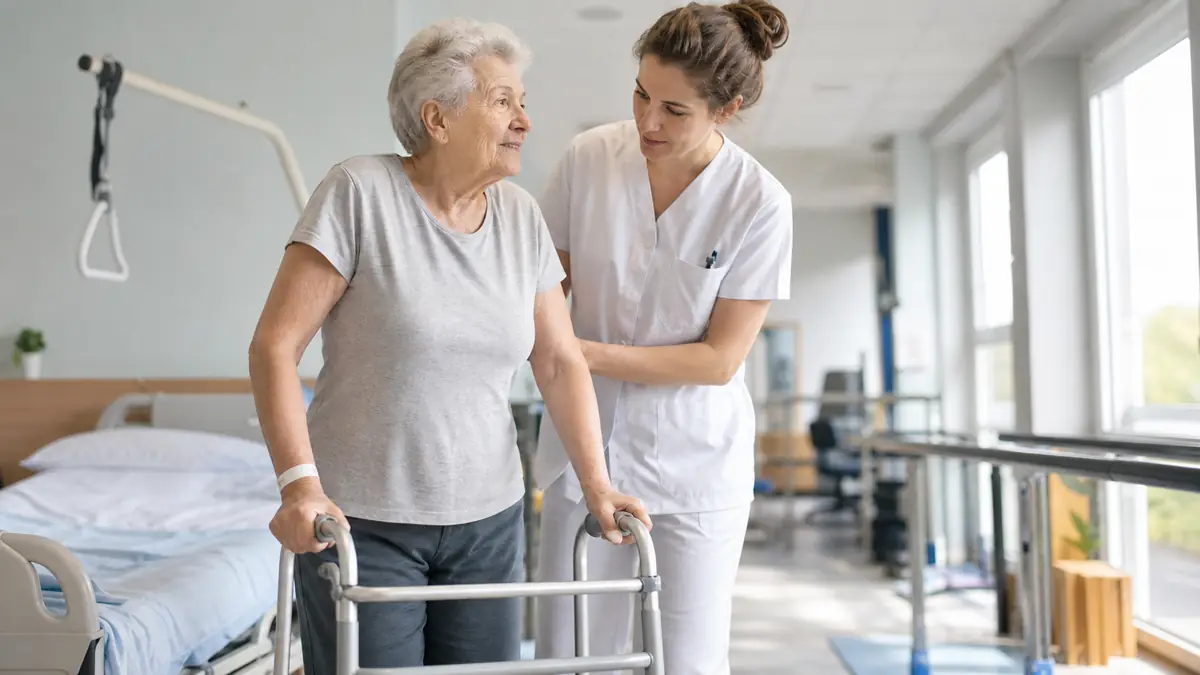 Rééducation à l’hôpital après une chirurgie du col fémoral chez une patiente âgée.