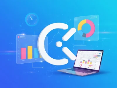 Une représentation de Clockify avec un ordinateur portable entouré de graphiques analytiques sur fond bleu