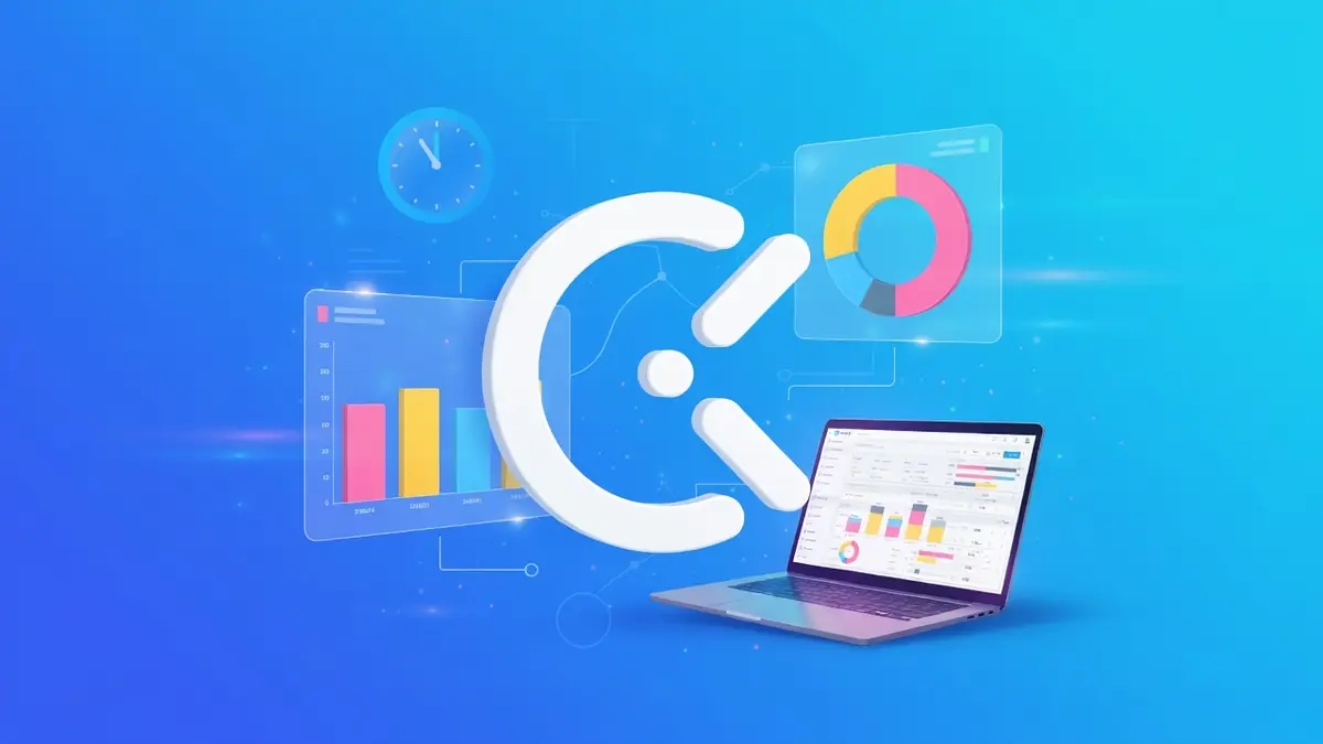 Une représentation de Clockify avec un ordinateur portable entouré de graphiques analytiques sur fond bleu