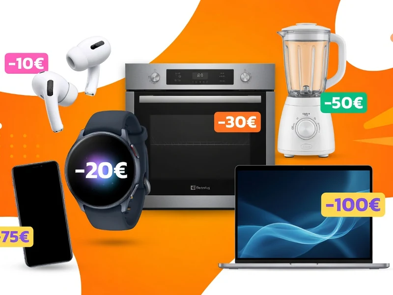 Des appareils high-tech et électroménagers sont présentés sur fond orange pour code promo Boulanger