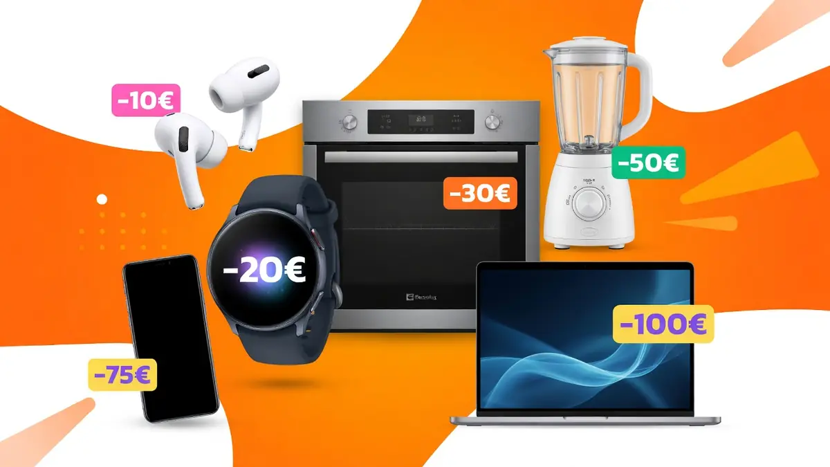Des appareils high-tech et électroménagers sont présentés sur fond orange pour code promo Boulanger