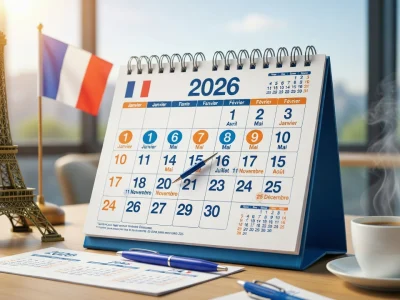 Un calendrier sur un bureau entouré d'une tour Eiffel, d'un drapeau français et d'un café pour les jour fériés 2026