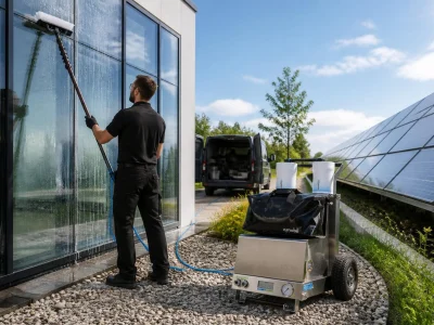 Un professionnel nettoie une baie vitrée à l'eau pure avec un système Osmobil sur chariot à roulettes