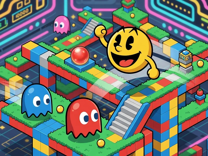 Une scène de Pac-Mania montre Pac-Man sautant sur des blocs colorés avec des fantômes en 3D