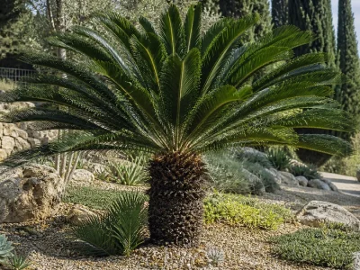 Des palmiers cycas sculpturaux dans un jardin méditerranéen sec.