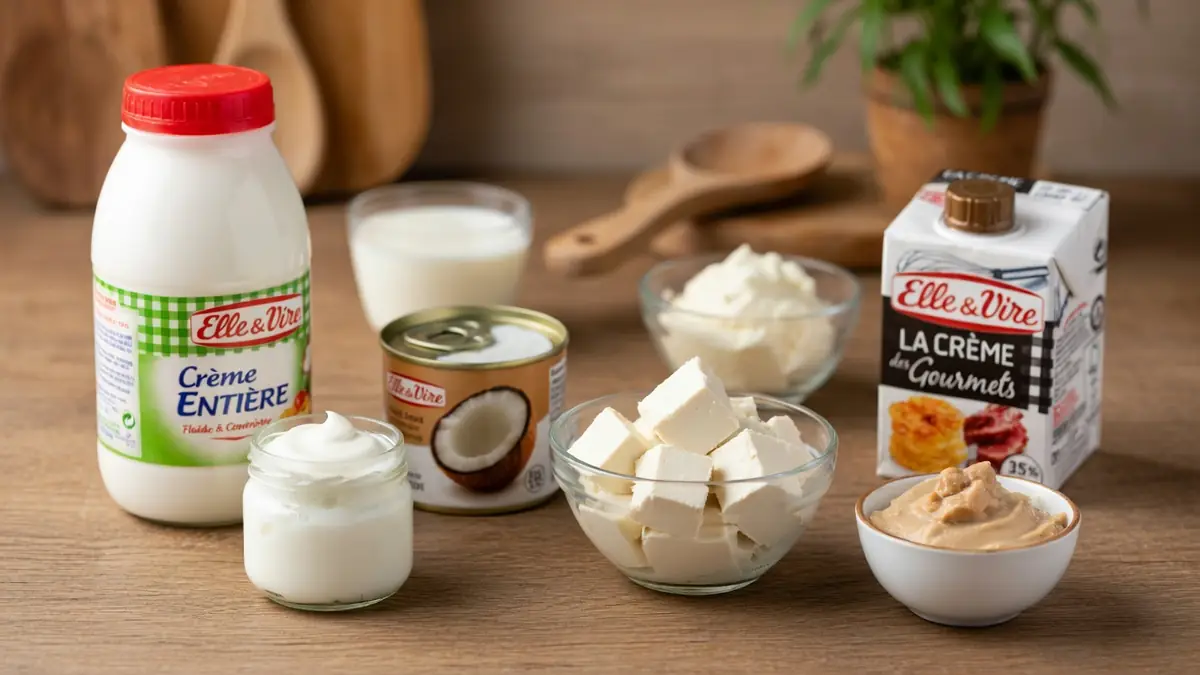 Produits laitiers et substituts végétaux illustrent par quoi remplacer la crème liquide