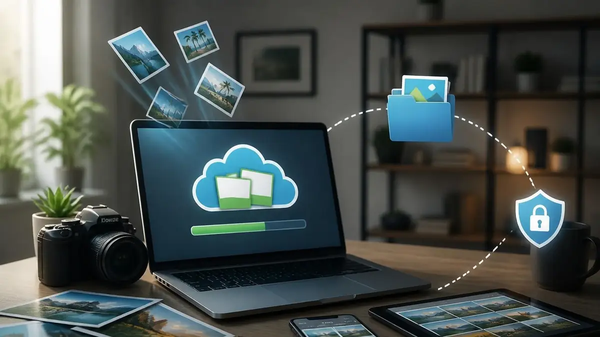 Un ordinateur portable illustrant le fonctionnement du service de stockage Zupimage pour partager ses photos en ligne