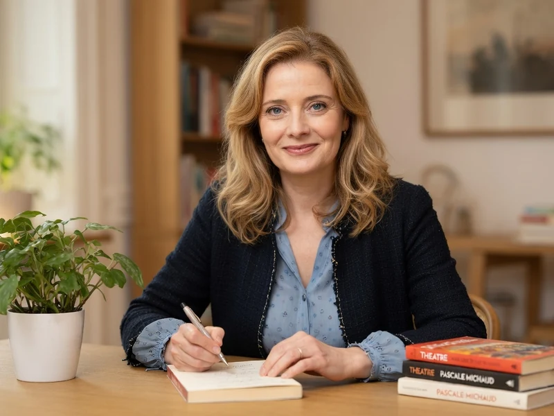 Pascale Michaud est assise à une table et écrit dans un carnet entourée de livres