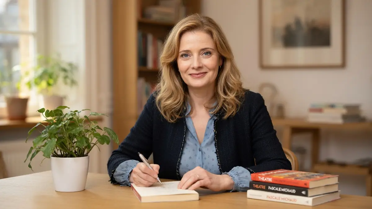 Pascale Michaud est assise à une table et écrit dans un carnet entourée de livres