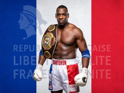 Le boxeur Patrice Quarteron pose torse nu avec sa ceinture de champion devant un drapeau tricolore