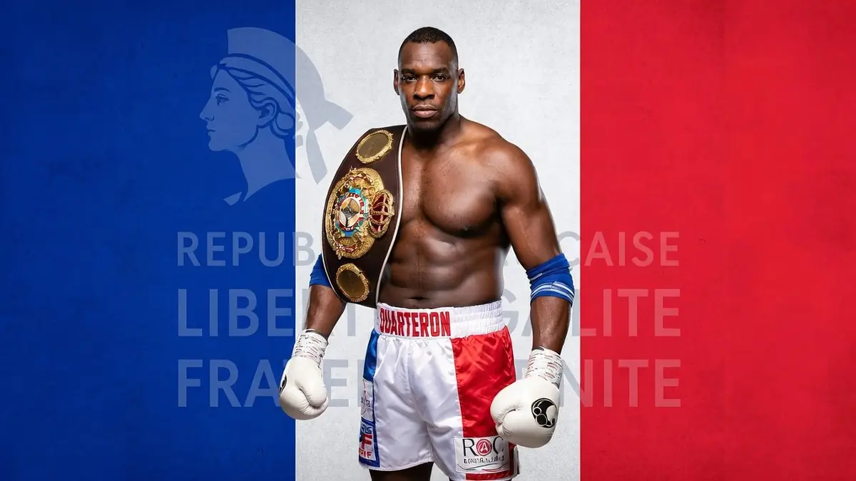 Le boxeur Patrice Quarteron pose torse nu avec sa ceinture de champion devant un drapeau tricolore