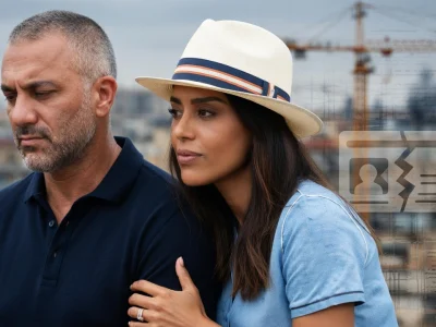 Amel Bent mari regarde vers le bas tandis que sa femme pose la main sur son épaule
