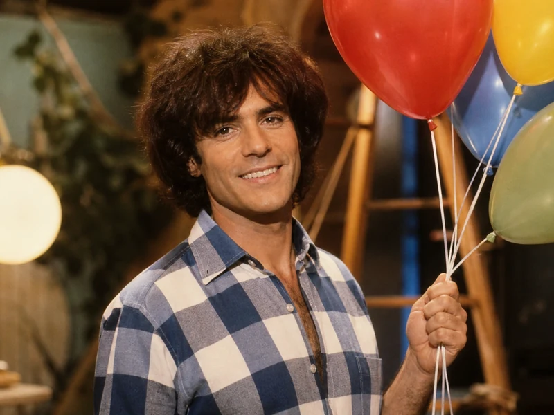 Patrick Bricard souriant avec des ballons sur un plateau inspiré des années 1970.