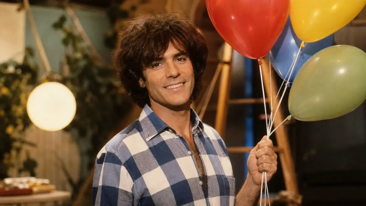 Patrick Bricard souriant avec des ballons sur un plateau inspiré des années 1970.