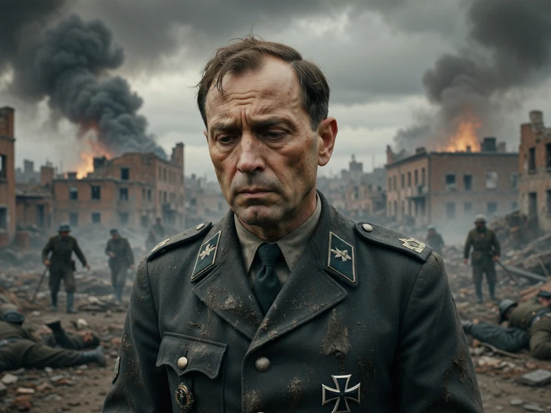 Paulus se tient dans les ruines dévastées de Stalingrad sous un ciel de fumée
