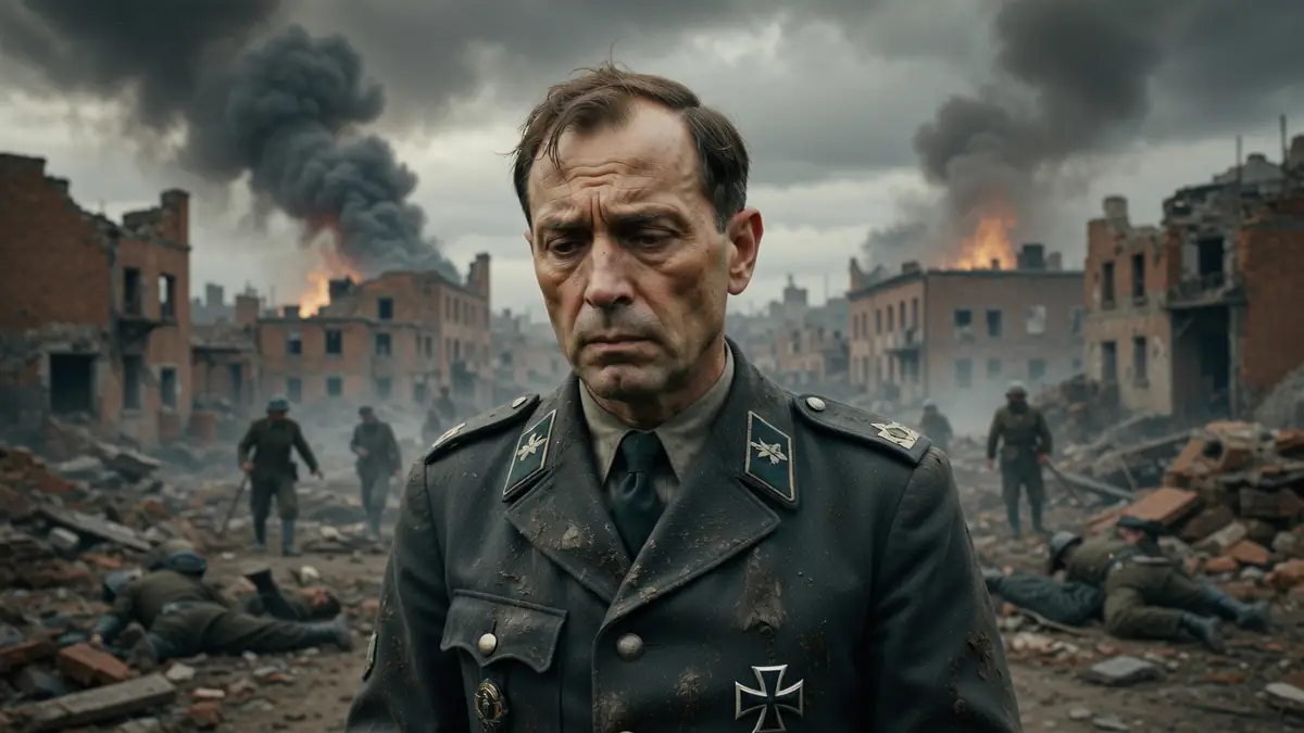 Paulus se tient dans les ruines dévastées de Stalingrad sous un ciel de fumée