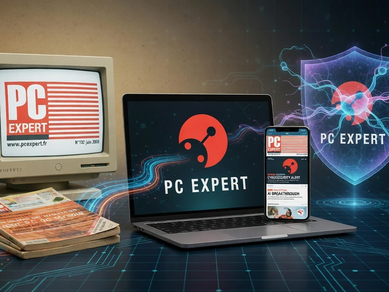 pc expert Le Mag montre des magazines et des appareils numériques comme un vieil ordinateur un laptop et un smartphone