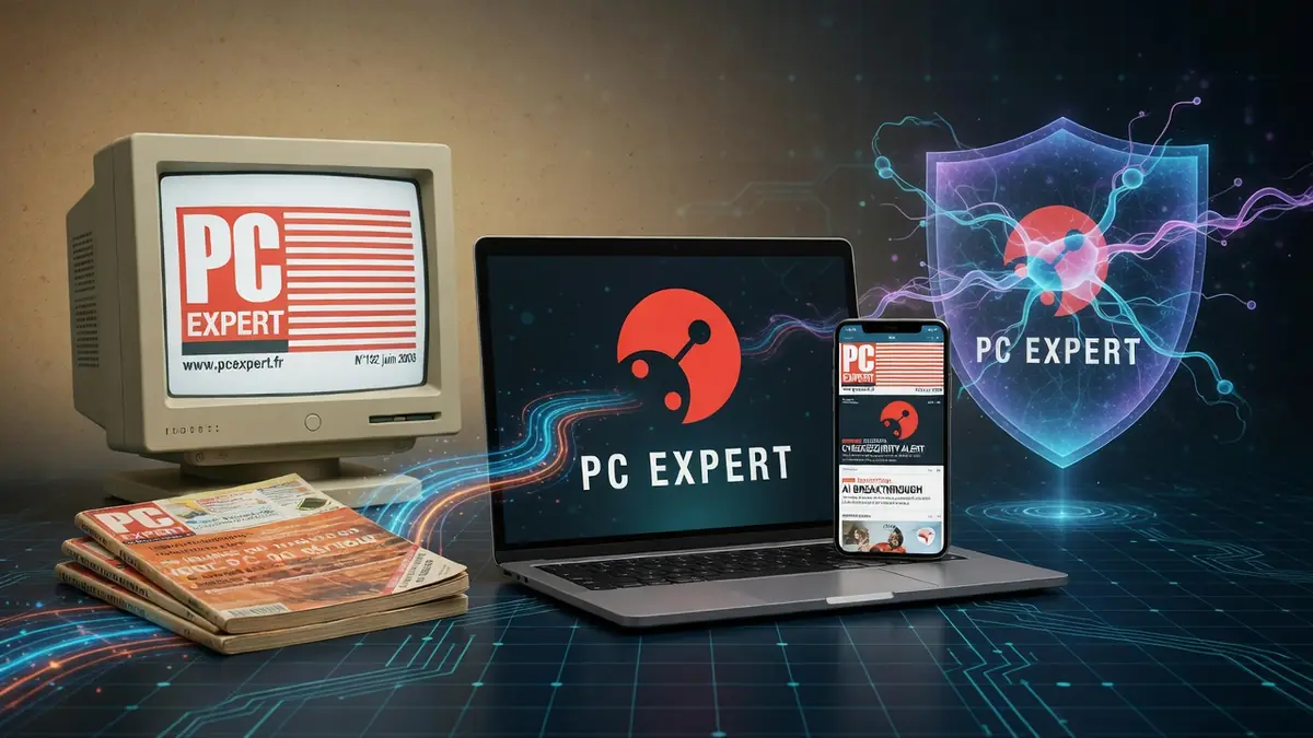 pc expert Le Mag montre des magazines et des appareils numériques comme un vieil ordinateur un laptop et un smartphone