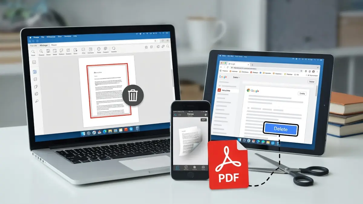 Des appareils numériques illustrent pdf comment supprimer une page sur différents écrans