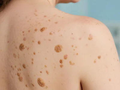 Dos présentant de nombreuses lésions de kératose séborrhéique brunes