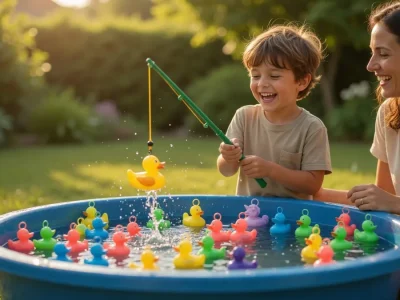 Un enfant joue à la pêche au canard dans une bassine bleue avec sa mère