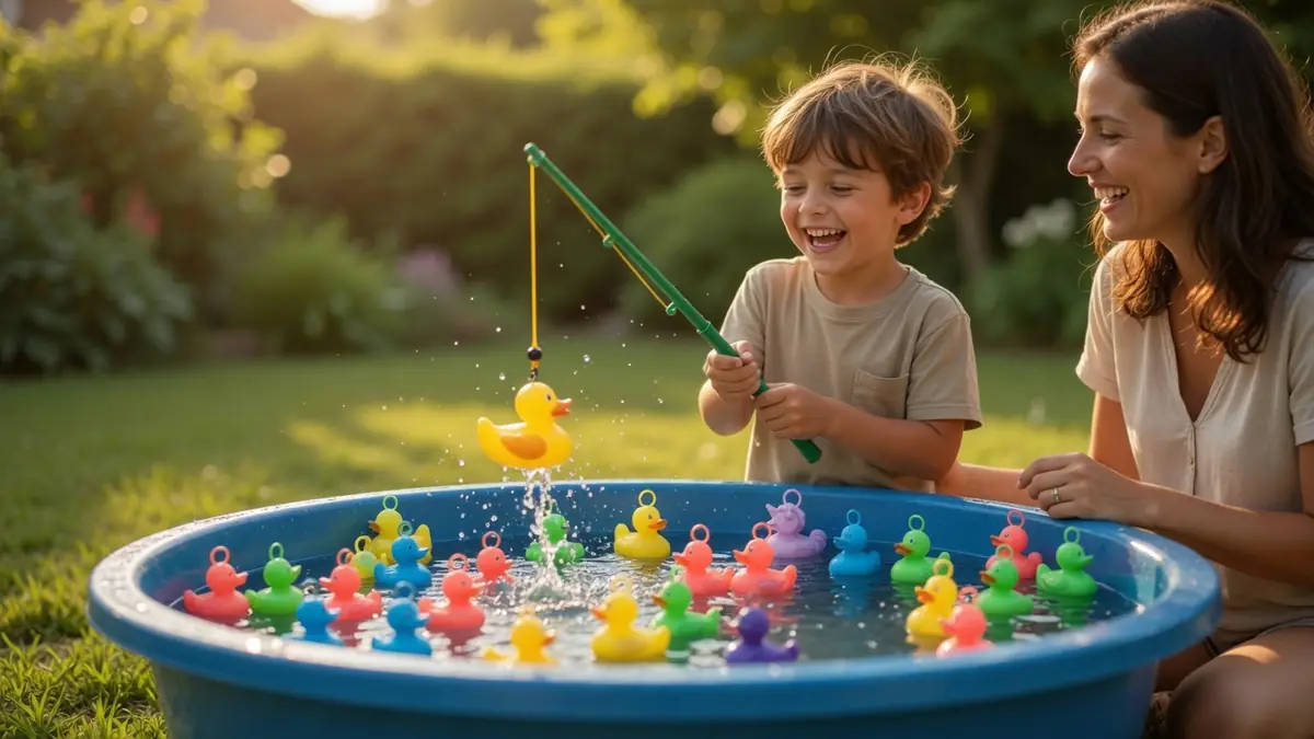 Un enfant joue à la pêche au canard dans une bassine bleue avec sa mère