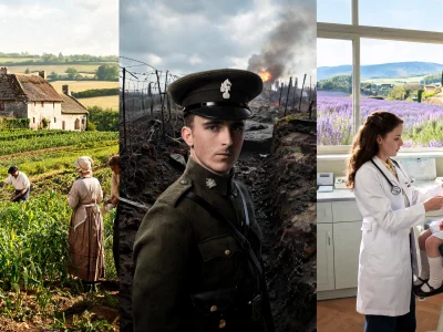 Montage visuel sur Pecry montrant campagne agricole, soldat et médecin avec une enfant