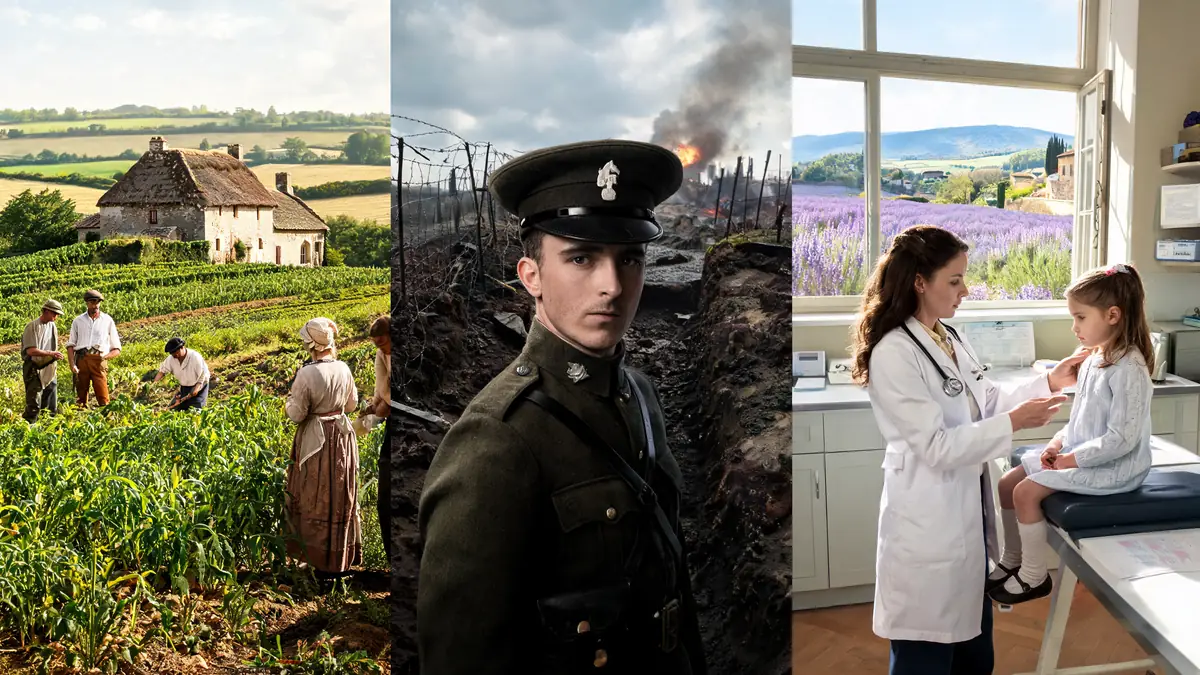 Montage visuel sur Pecry montrant campagne agricole, soldat et médecin avec une enfant