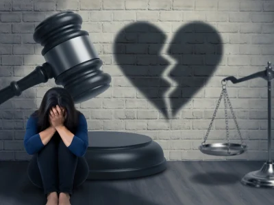L'image illustre la peine pour violence conjugale par une femme effondrée devant un marteau et un cœur brisé