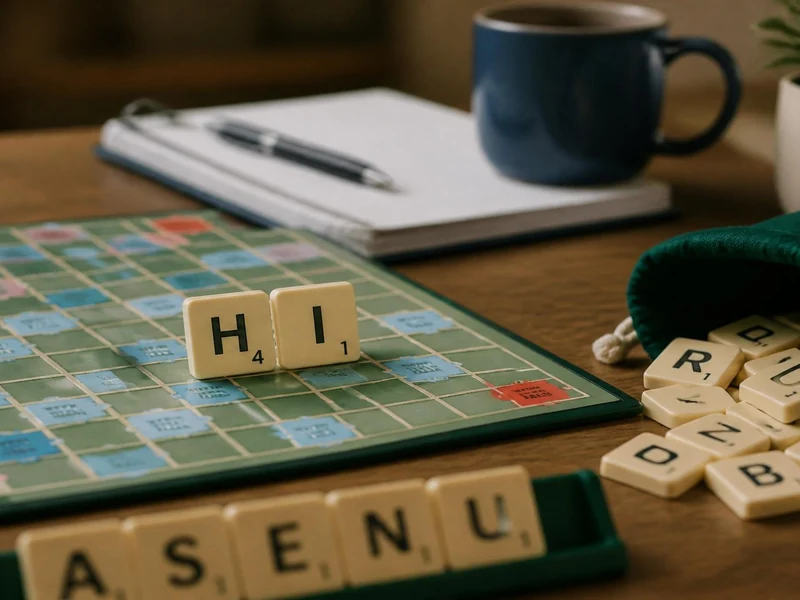Des lettres forment le mot hi Scrabble sur un plateau de jeu à côté d'une tasse et d'un sac de jetons