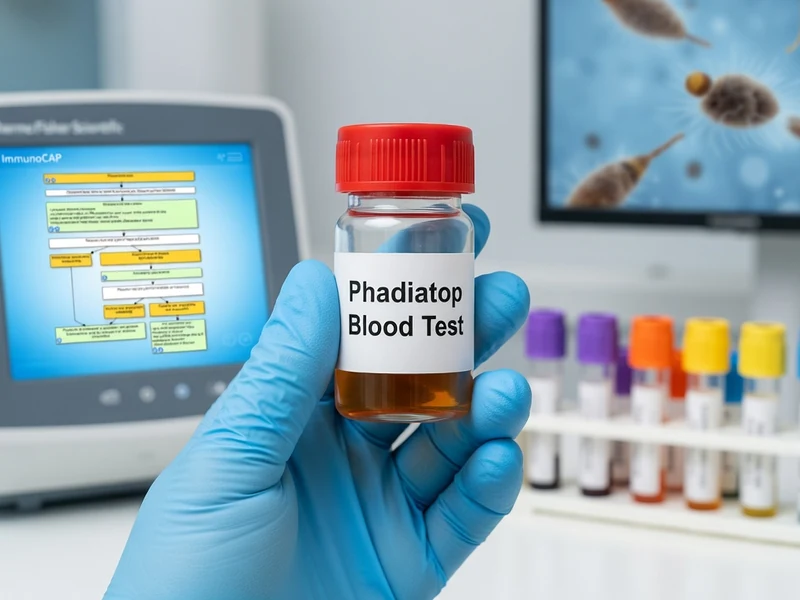 Une main gantée tenant un tube de Phadiatop dans un laboratoire d'analyses