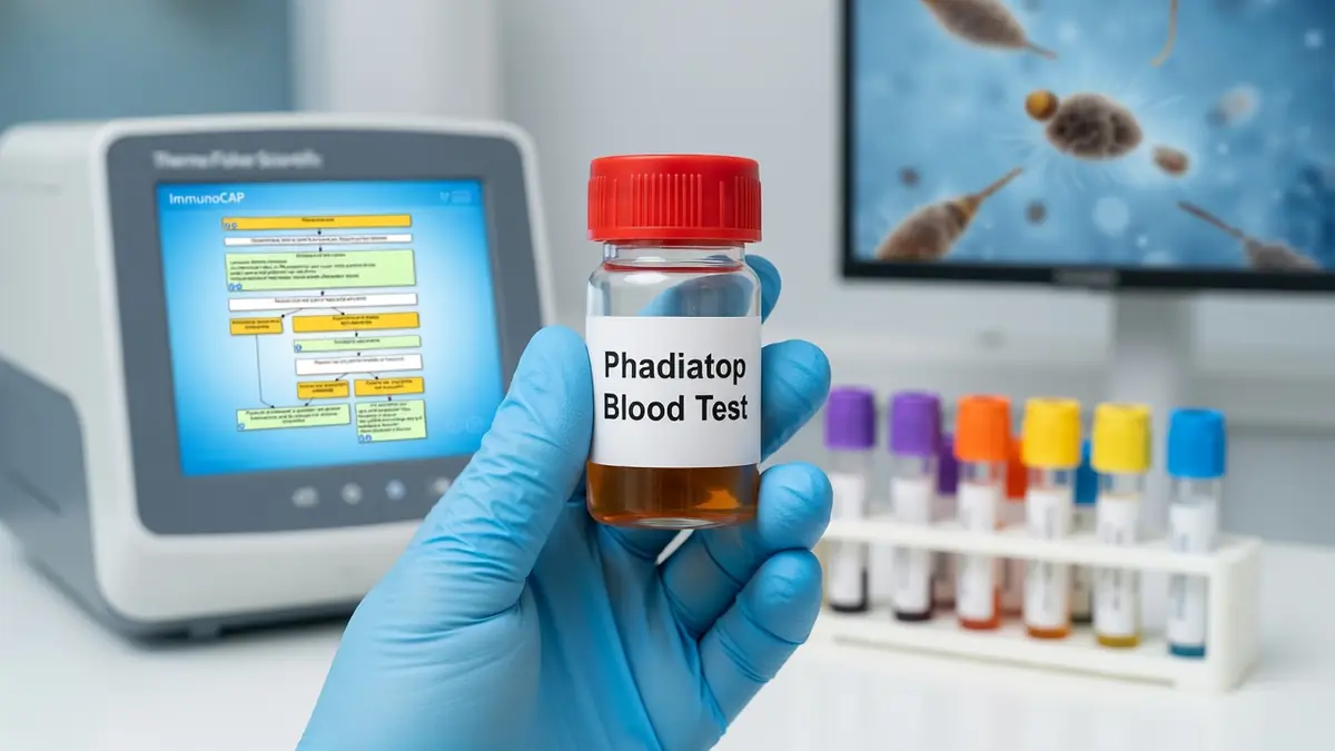 Une main gantée tenant un tube de Phadiatop dans un laboratoire d'analyses