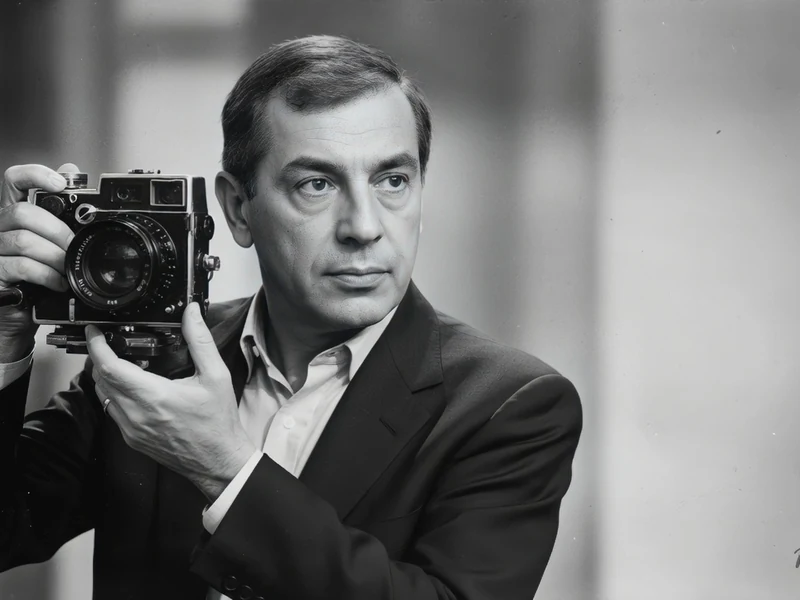 Philippe Agostini tient un appareil photo dans ce portrait en noir et blanc