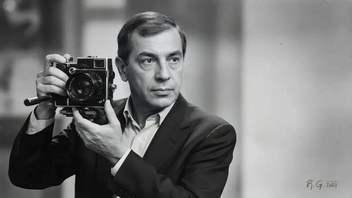 Philippe Agostini tient un appareil photo dans ce portrait en noir et blanc