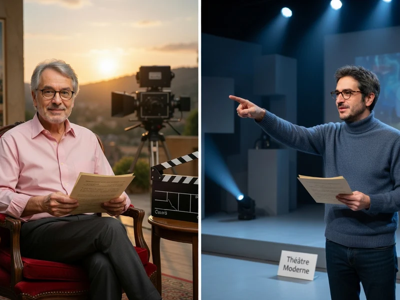 Philippe Baronnet est montré à la fois dans un fauteuil entouré d'accessoires de cinéma et sur une scène de théâtre