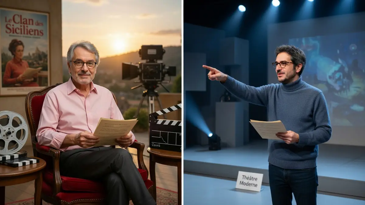 Philippe Baronnet est montré à la fois dans un fauteuil entouré d'accessoires de cinéma et sur une scène de théâtre