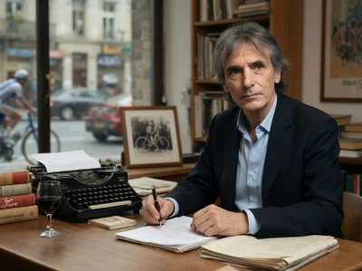 Philippe Brunel écrivant à son bureau devant une fenêtre où un cycliste circule