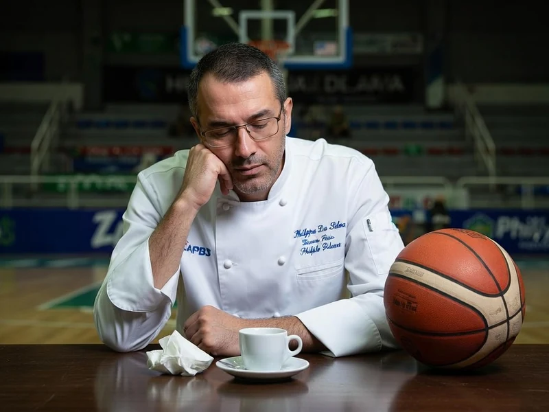 Philippe Da Silva est assis pensivement à une table avec un ballon de basket dans une salle de sport