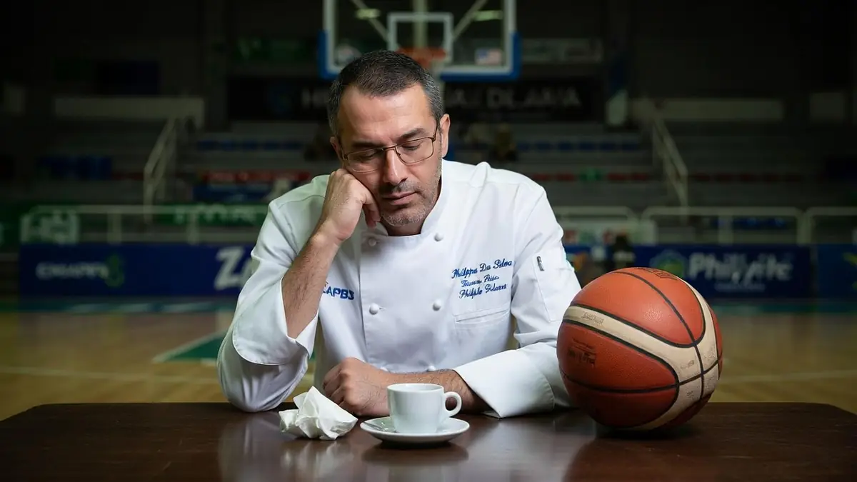 Philippe Da Silva est assis pensivement à une table avec un ballon de basket dans une salle de sport