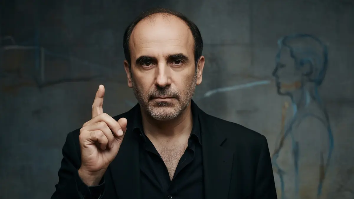 Philippe Harel lève l'index dans un portrait sombre en veste noire sur fond gris