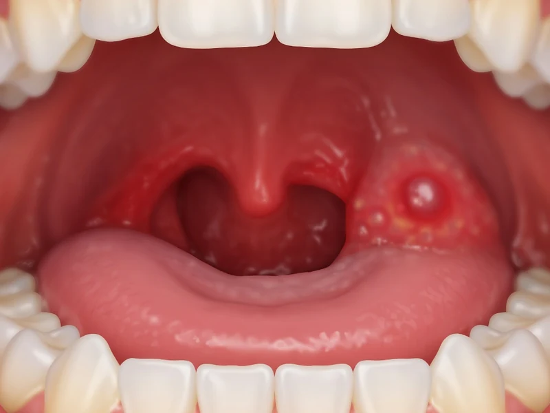 Illustration médicale montrant une gorge ouverte présentant les signes d'un phlegmon amygdalien