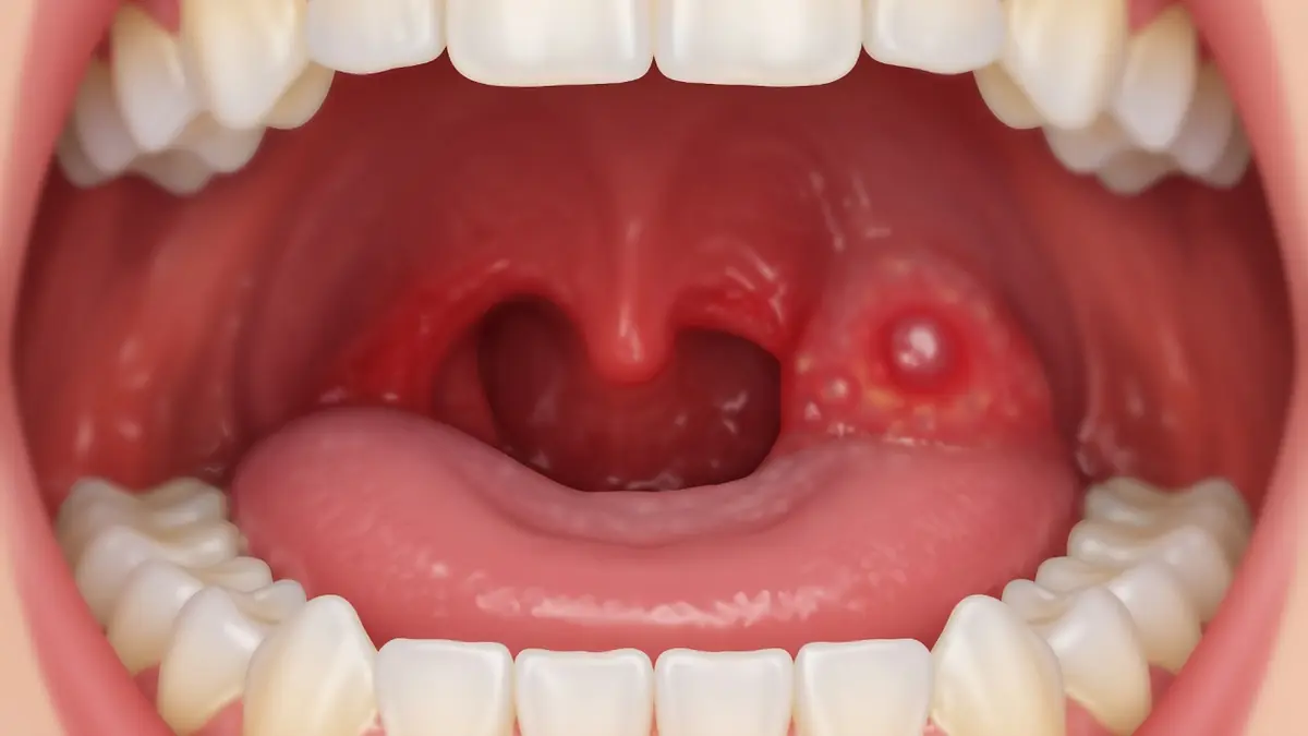 Illustration médicale montrant une gorge ouverte présentant les signes d'un phlegmon amygdalien