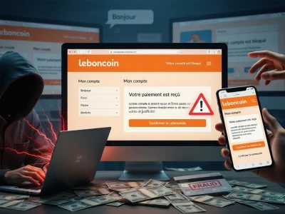 Visuel d'une arnaque Le Bon Coin avec un hacker encapuchonné et des billets sur table