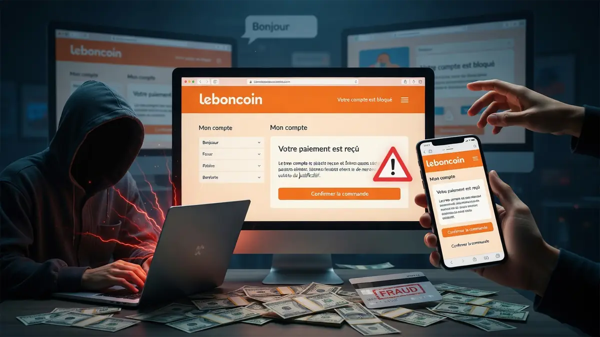 Visuel d'une arnaque Le Bon Coin avec un hacker encapuchonné et des billets sur table
